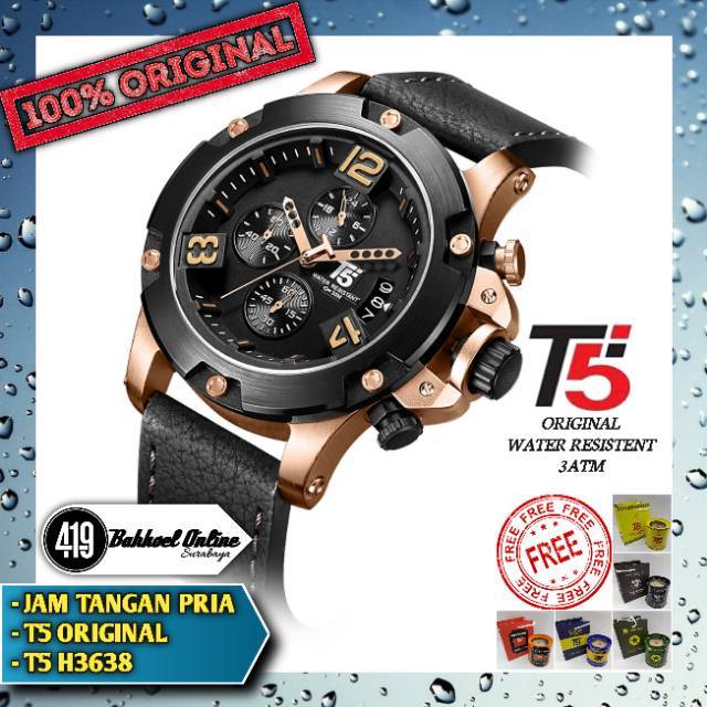Jam tangan pria cowok T5 original H3638 tali kulit Black Gold