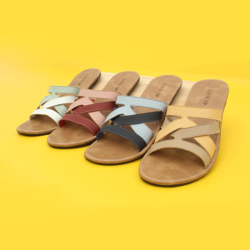 Sandal Kulit Wanita Sandal Kekinian Sandal Slop Slide Wanita Flat Motif Kombinasi Look Up - ZEHRA