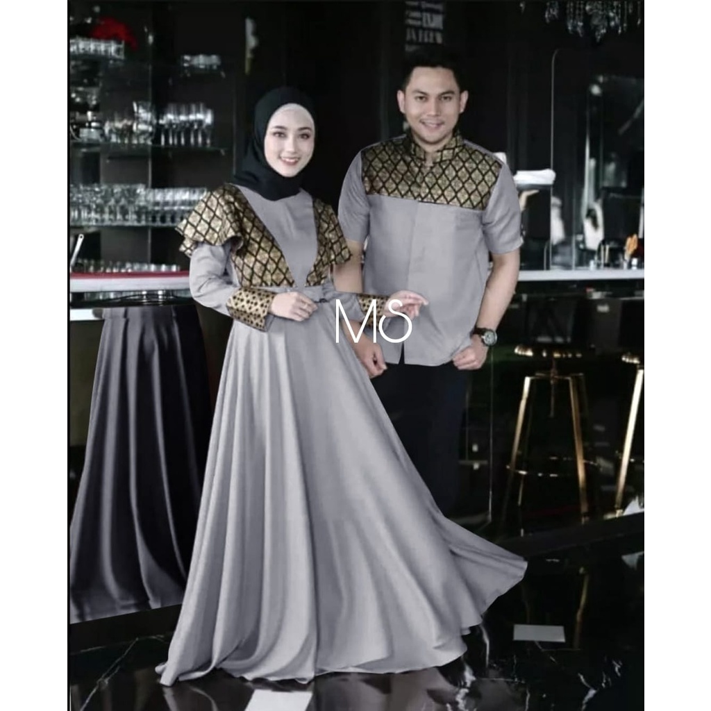 PCS CP PRINSA BATIK MS 2 UKURAN L XL FASHION PAKAIAN COUPLE PASANGAN KEMEJA DAN GAMIS MAXY BAHAN MOSCREPE KOMBI BATIK FOIL