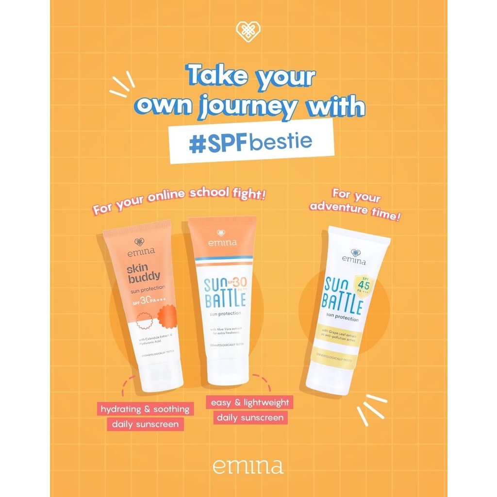 EMINA Skin Buddy Sun Protection SPF 30 PA+++ Indonesia / Sunscreen Wajah 60ml / Sunblock Sunblok Tabir Surya UV UVA UVB Anti Blue Light Protector Protect Pelindung Sinar Matahari Kulit Tubuh / Gel Serum Stick Cream Lotion Skincare Face Care Series Battle