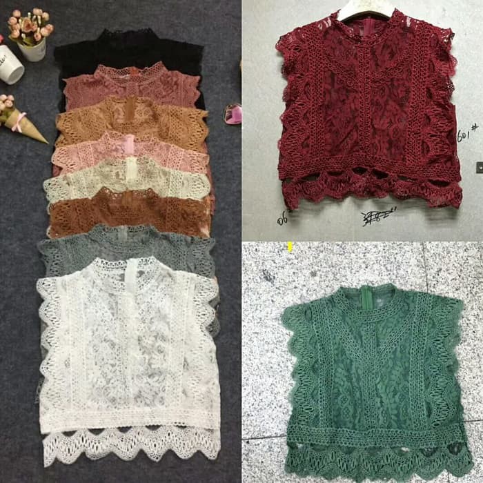 Crop Top Wanita Import/Crop Top Brukat Import/Atasan Wanita Brukat - Putih Ke903