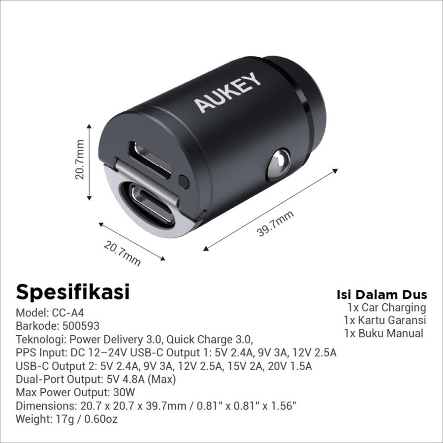 Car Charger Mobil CC-A4 / 30W Dual Port USB Type C PD QC 3.0 Aukey