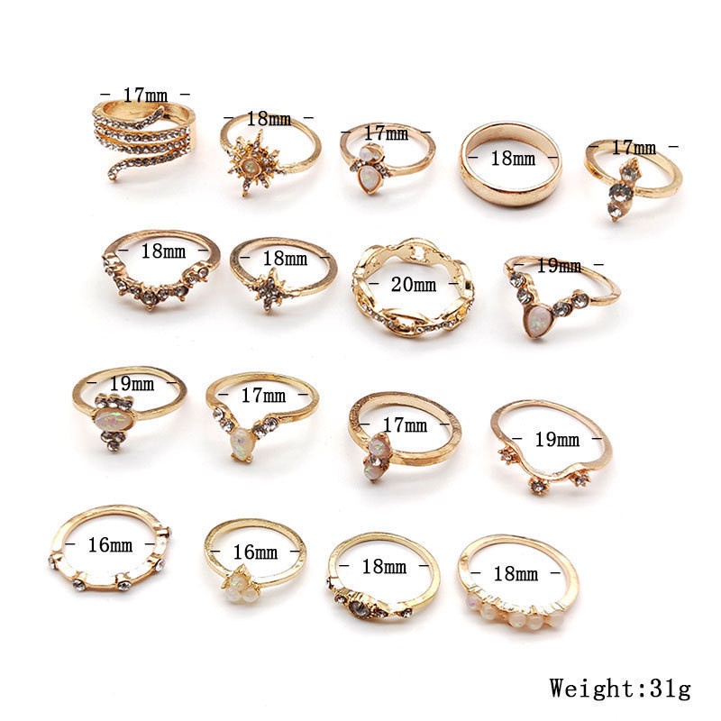 17pcs / Set Cincin Kristal Model Hollow Gaya Bohemia Untuk Wanita