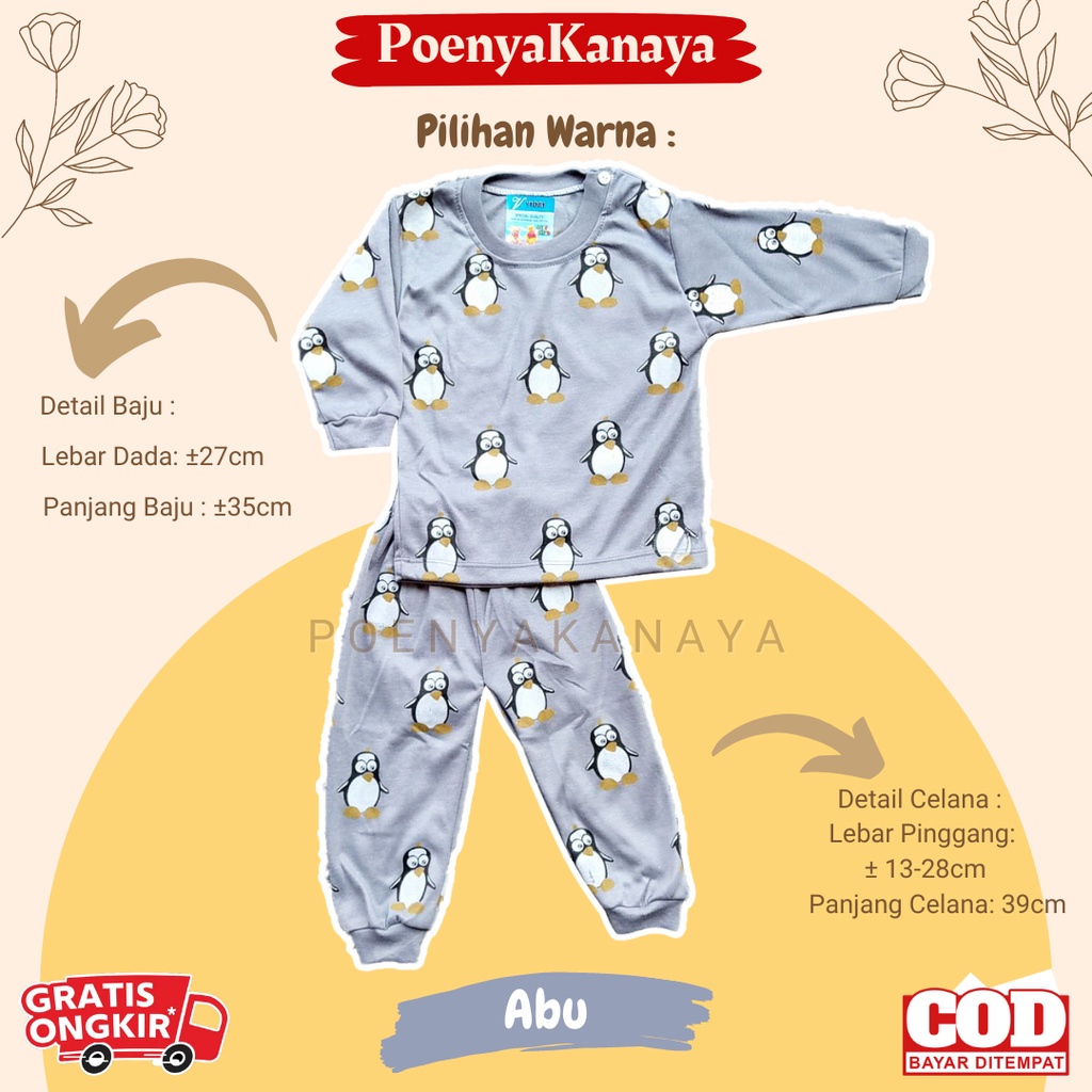 Setelan Baju Bayi Piyama Bayi Panjang Dasar Warna Full Print Pinguin Viori 3-12 Bulan SPY140