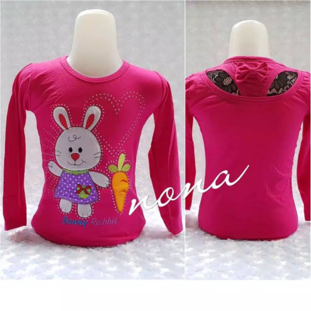 Kaos anak lengan panjang 1-5 tahun bordir payet bunny off shoulder merk nona