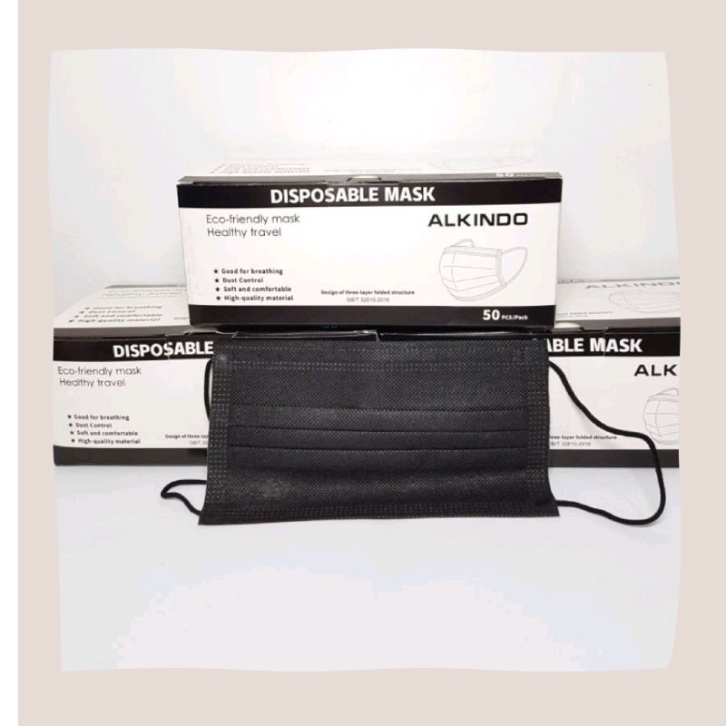 Masker 3 ply earloop non hijab hitam masker 3 lapis masker medis kesehatan murah