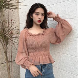  S1025 Setelan Blus Crop  Top  Off Shoulder Sabrina Lengan 