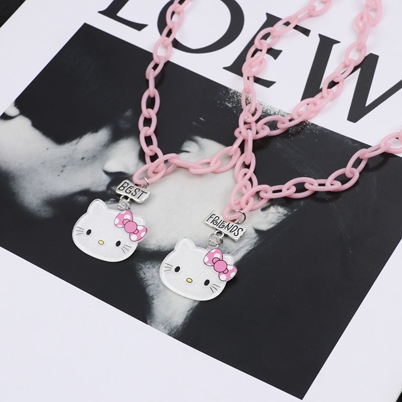 Kawaii Hello Kitty Liontin Kalung Untuk Wanita Gadis BFF Choker Necklace Fashion Rantai Pink Anak Perhiasan