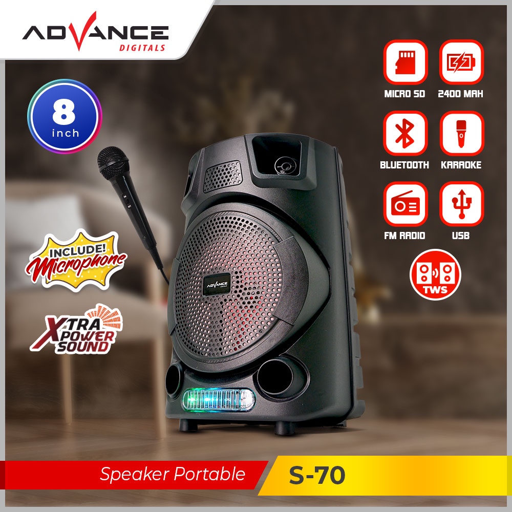 Speaker Bluetooth  Extra Bass Advance  S-70 Aktif Portable karaoke Bluetooth Gratis 1 Microphone Led Garansi