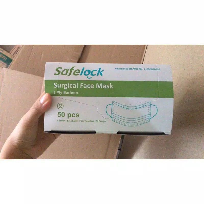 MASKER SAFELOCK EARLOOP &amp; HEADLOOP/SURGICAL FACE MASK/3 PLY ISI 50