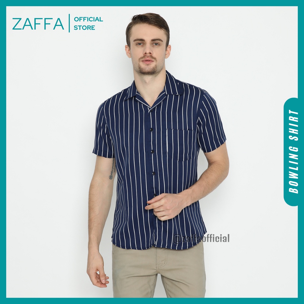 Zaffa Kemeja Salur Pria Lengan Pendek  Kerah Pantai Katun Motif Stripe Garis Navy Unisex Z-1002