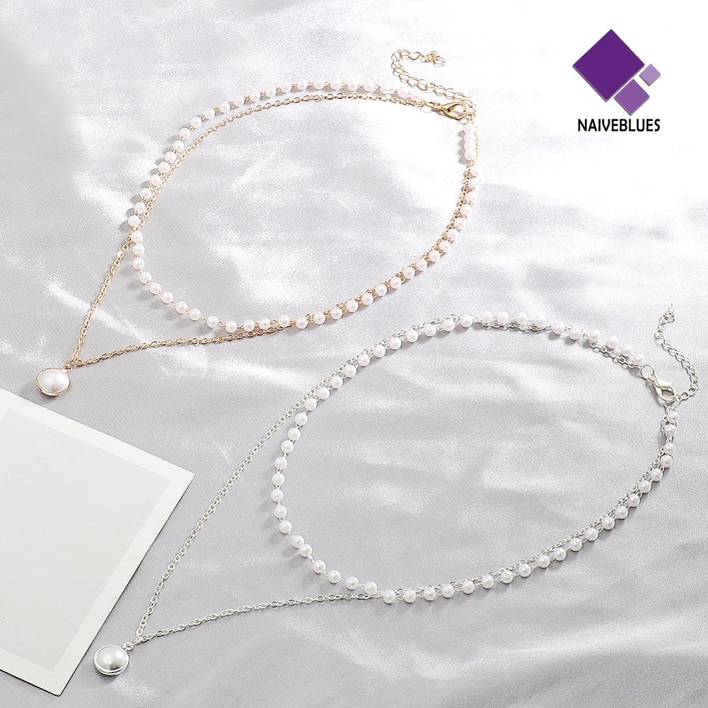 Naiveblue Kalung Rantai Klavikula Lapis Ganda Aksen Mutiara Imitasi Untuk Perhiasan Wanita