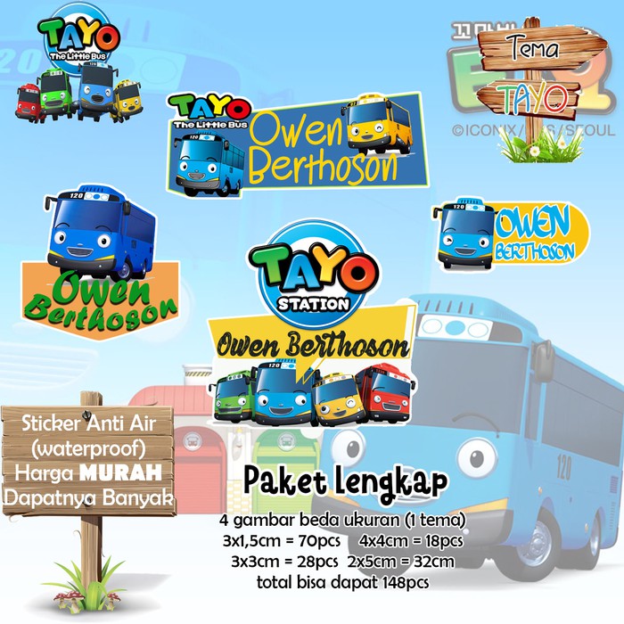 

Sticker Nama Lucu/Custom/Kartun/Cartoon/Waterproof - TAYO 95pc