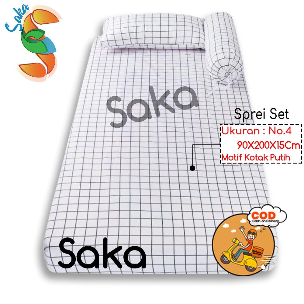 Sprei Set Motif Kotak Putih No.4 (90x200x15) | Seprai Kasur Busa aestetic | Promo Termurah