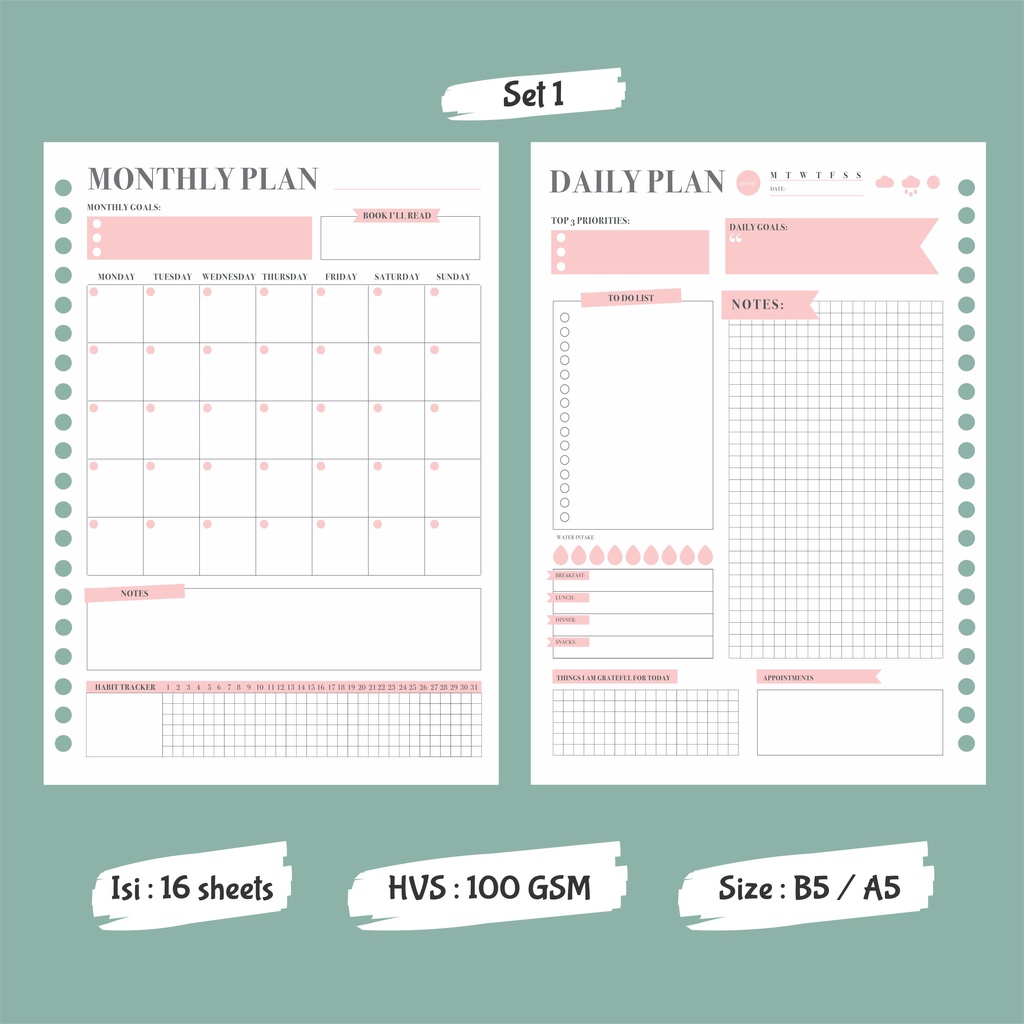 

Monthly Planner/Monthly & Daily Planner One Set - Binder Loose Leaf A5 & B5