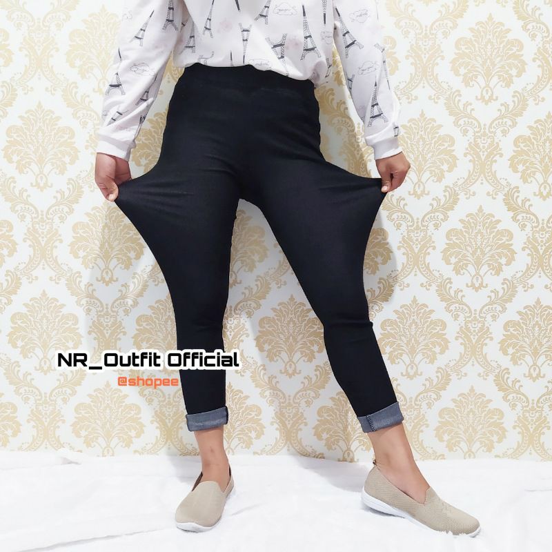 Legging Wanita Bahan Denim/ lejing jeans Super Stretch Pinggang Full Karet NR_Outfit Official COD