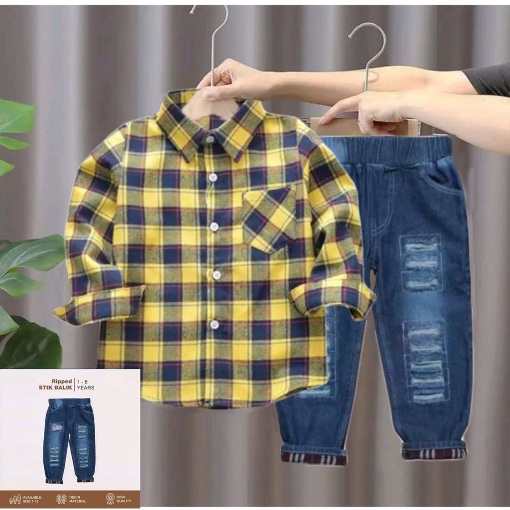 SETELAN KEMEJA FLANEL ANAK DAN JEANS STIK BALIK ANAK LAKI LAKI 1-7 TAHUN TERLARIS / SETELAN KEMEJA DAN LEVIS PANJANG ANAK / SETELAN LEBARAN ANAK