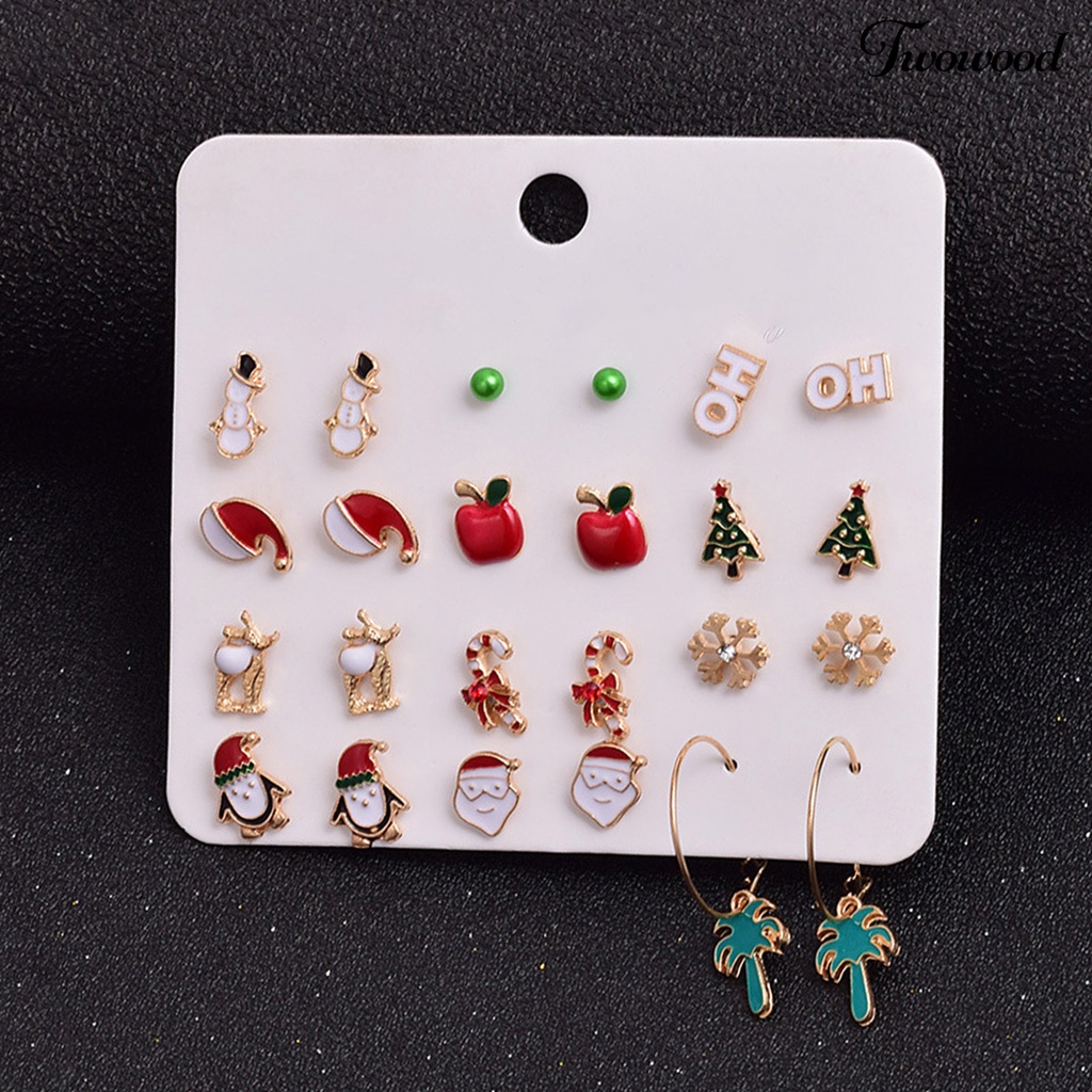 12 Pasang Anting Stud Desain Topi Santa Claus Snowflake Pohon Natal Snowman Untuk Wanita