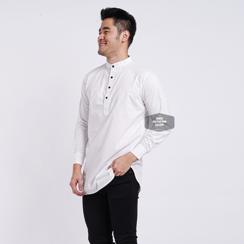 Kemeja Kurta Lengan Panjang Pria Cowok Putih White Polos Kerah Shanghai Ada Big Size