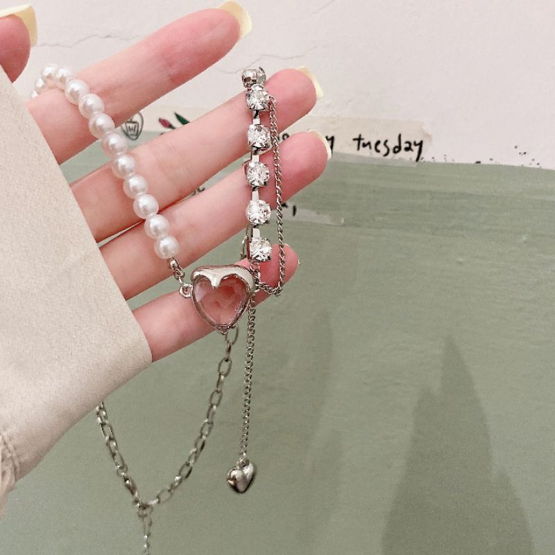 Kalung Mutiara Bandul Love Pink Necklace Korea Premium Aksesoris Wanita