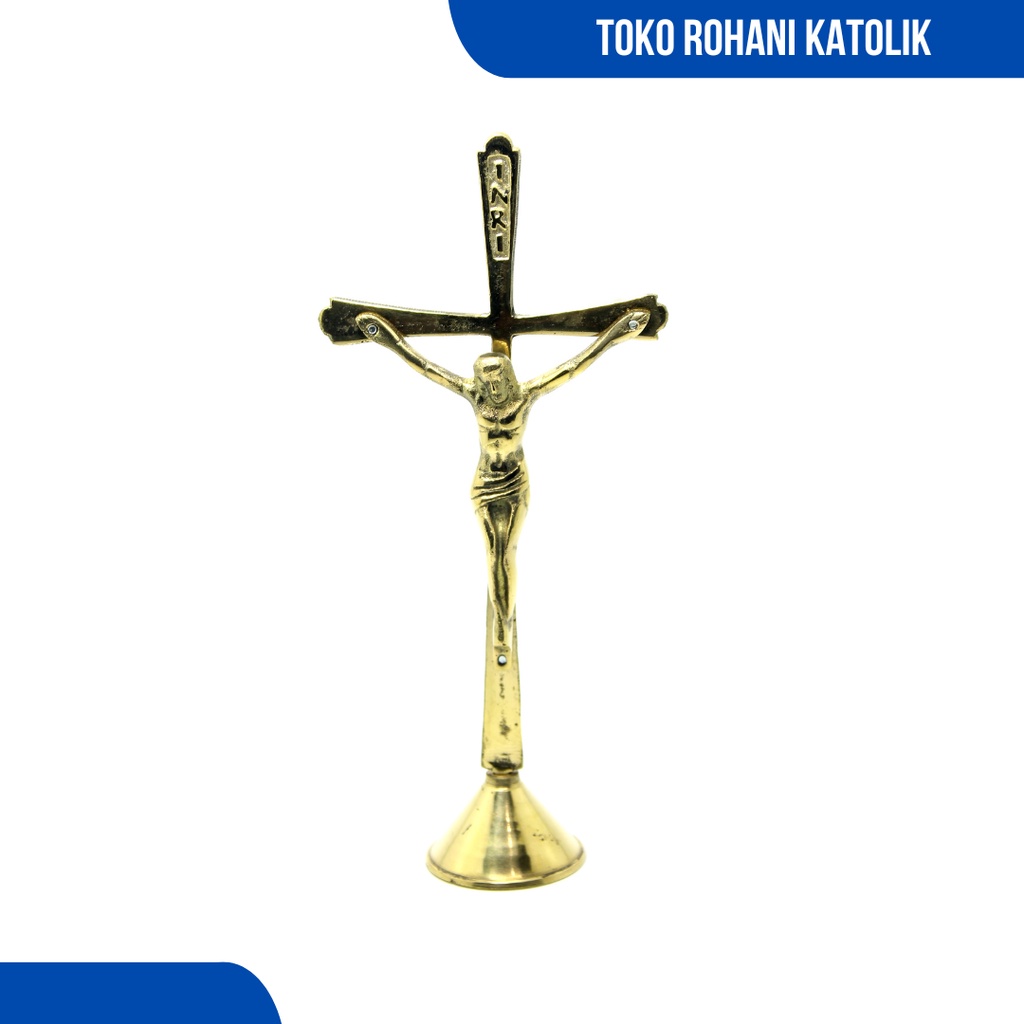 SALIB DUDUK KATOLIK 25 CM / SALIB ALTAR KUNINGAN / SALIB MEJA KATOLIK