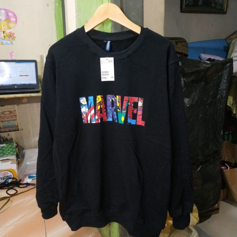 Sweater Crewneck H&amp;M Hnm Marvel Avenger Black Hitam Pria Wanita Tag Free Paper bag