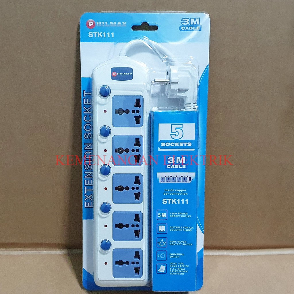 PHILMAX STOP KONTAK 5 LUBANG / COLOKAN KABEL 5 SOCKET + SWITCH / SAKLAR KABEL 3M STOPKONTAK 3 METER / COLOKAN LAMPU MASING MASING SWITCH 5 LOBANG 3METER