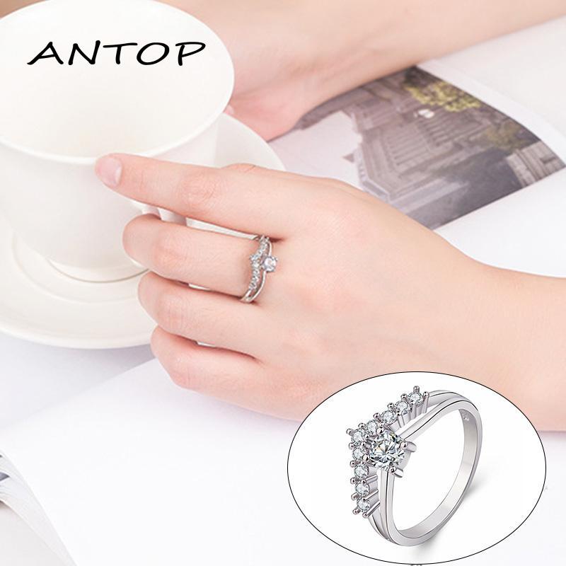 Cincin S925 Silver Cincin Titanium Desain Mahkota Aksen Kristal Berlian Bahan Steel Wanita Korea Ring Jewelry ANTOP