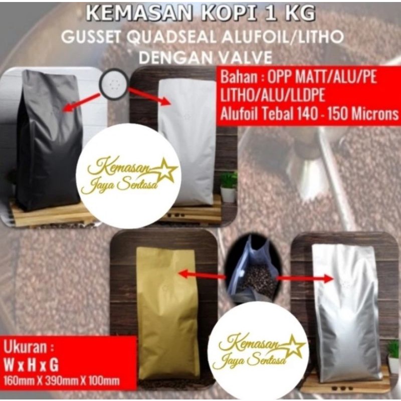 Kemasan kopi Gusset 1 kg + valve.gusset hitam putih lithopaper silver.kemasan kopi.gusset.standing p