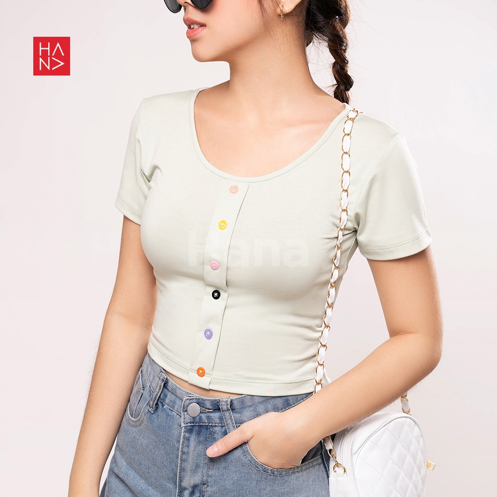 HanaFashion JKT - Lisa T-Shirt Colorful Button Kaos Wanita Lengan Pendek Crop Top - TS194