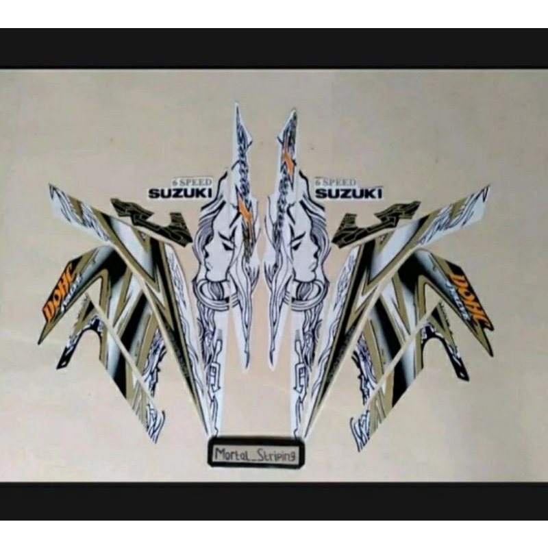 SATRIA FU F150 BARONG TAHUN 2011 WARNA PUTIH GOLD STANDAR STIKER STRIPING LIS BODY BODI