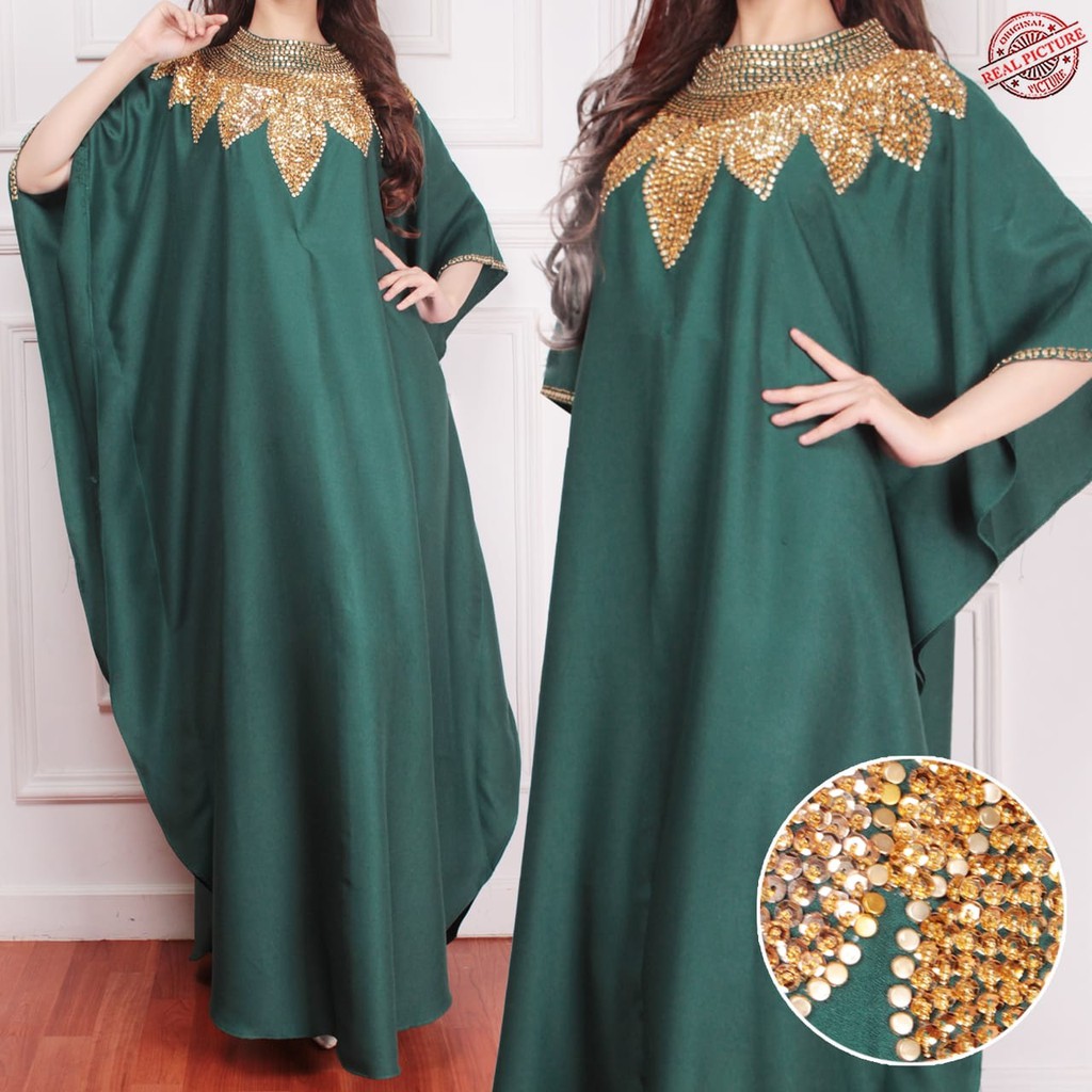 HOPYLOVY - Dress Wanita Model Kaftan Kombinasi Manik Matahari bahan Wollcrepe