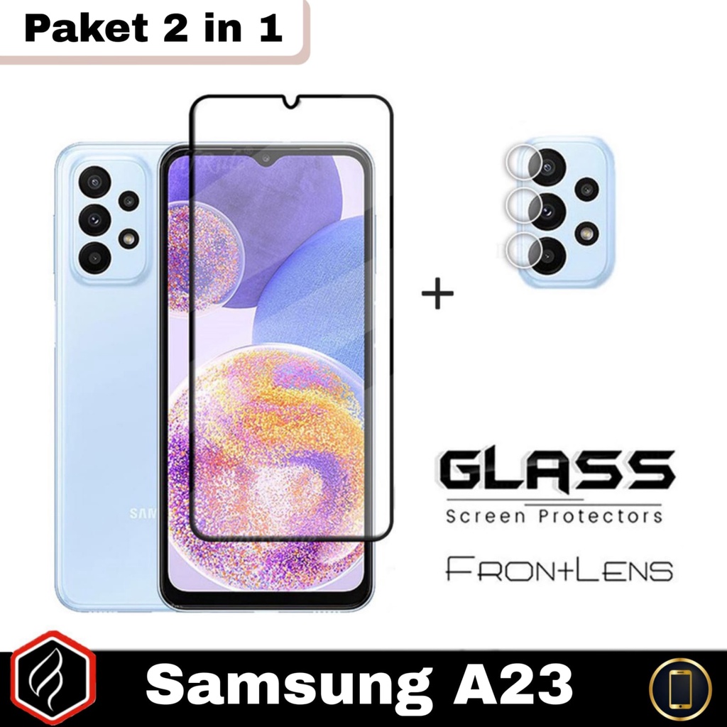 Paket 2 in 1 Tempered Glass SAMSUNG A23 Anti Gores Layar Full Cover Free Pelindung Camera For Samsung A23