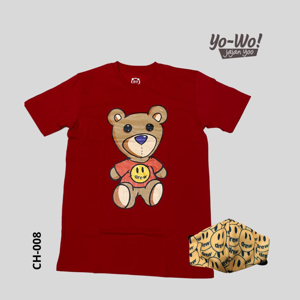 Paket Crewneck Tshirt dan Masker Hypebeast Teddy Drew Red by YoWo