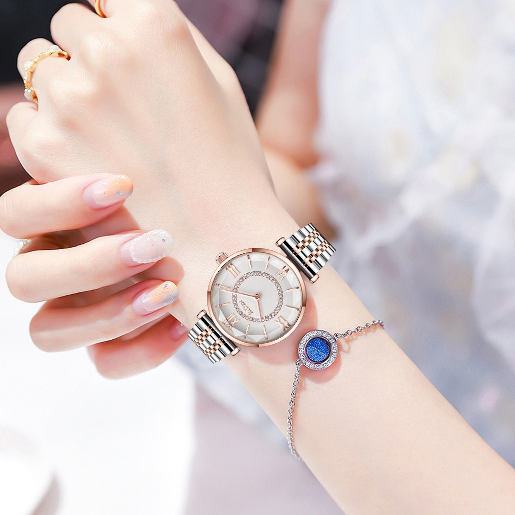 BIDEN Jam Tangan Wanita Mode Santai Tali Stainless Steel Display Kuarsa Tahan Air Jam Tangan Cewek-3