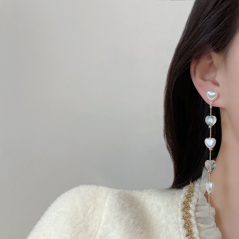 Anting Rumbai Panjang Aksen Mutiara Kristal Bahan 925 silver needle