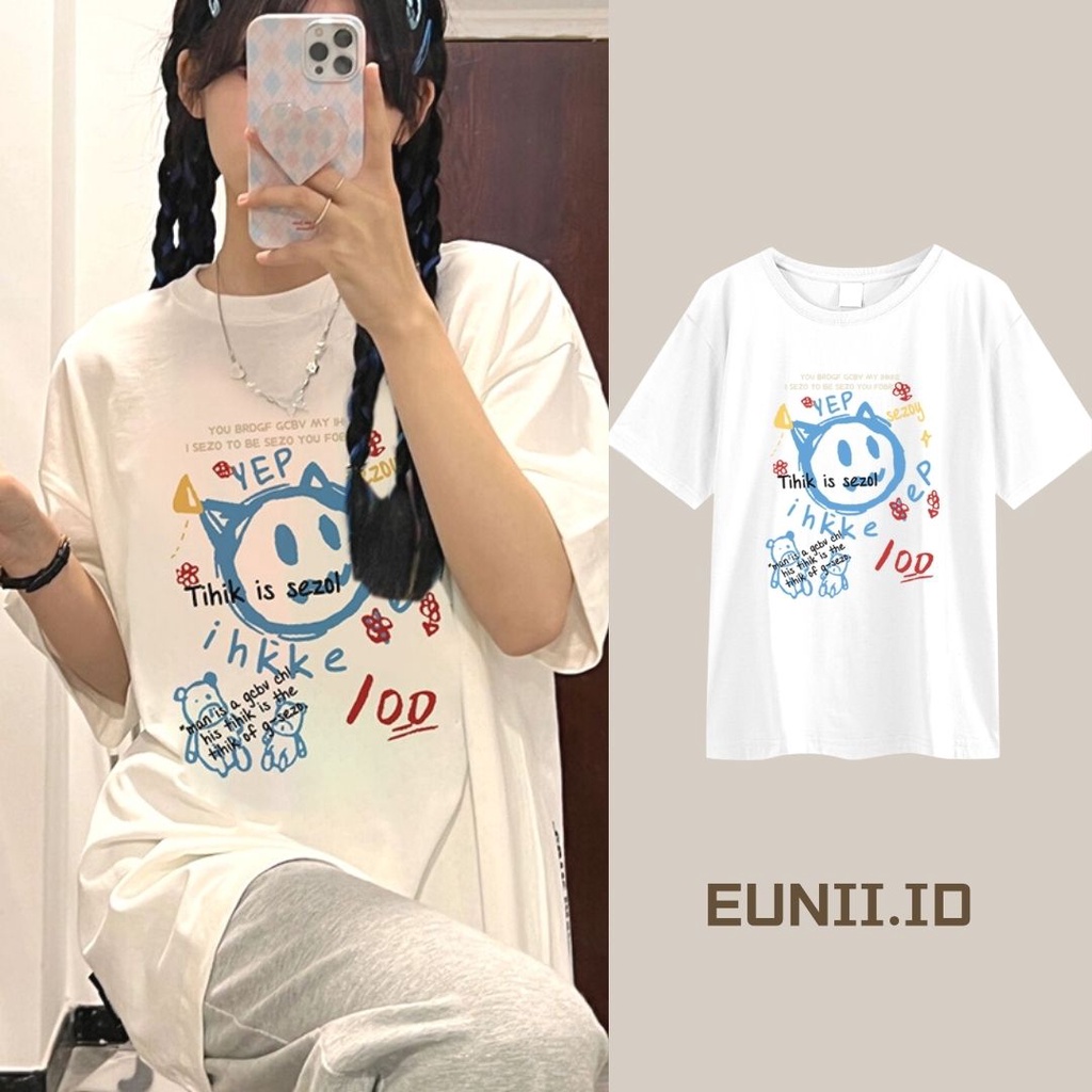 EUNII T-shirt Lengan Pendek Gaya Baju Wanita Graffiti Longgar Korean Style/Kaos Atasan Wanita/Baju Kaus Oversize Wanita