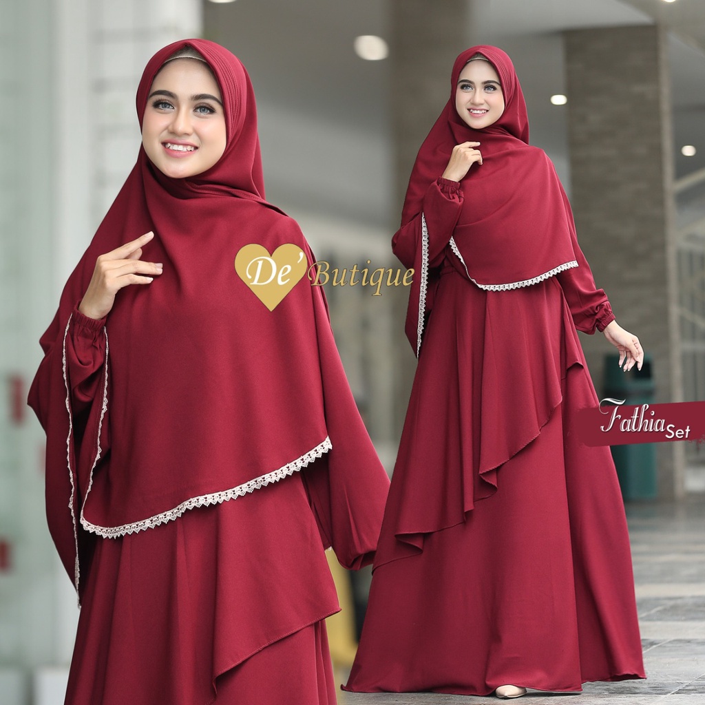 Gamis set khimar SHANUM ORI ALEYA DAN FATHIA polos renda muslim wanita cod murah lembut adem