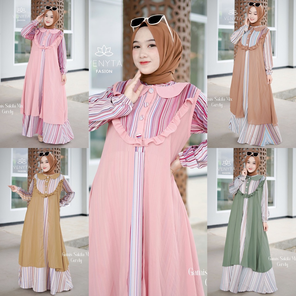 Gamis outer 2IN1 SAKILA SET OUTHER CERUTY LALA LYLA GAMIS TRENDY WANITA MASA KINI ORIGINAL VENYTA MOTIF SALUR shanglow shan glow pisah rompi cardigan