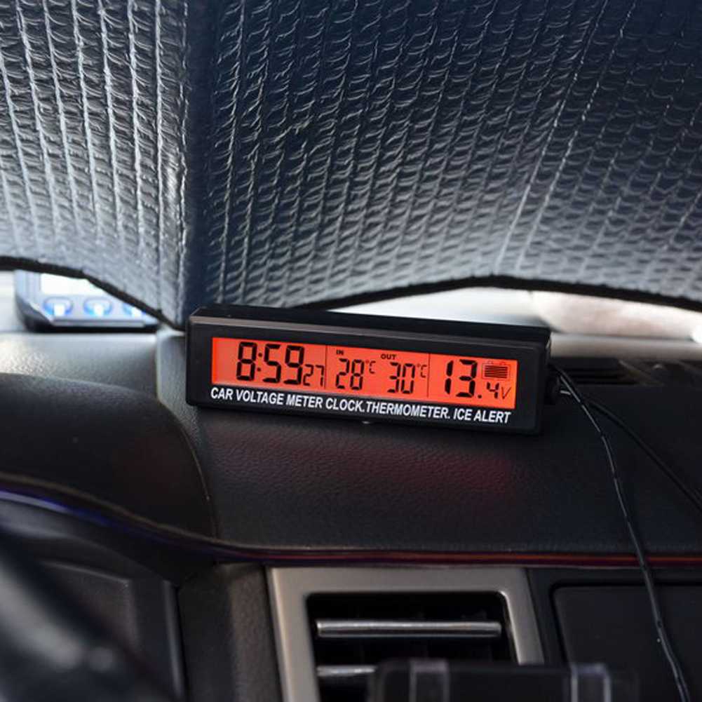 Jam Digital LCD Mobil dengan Thermometer + Battery Voltage Monitor-Hitam