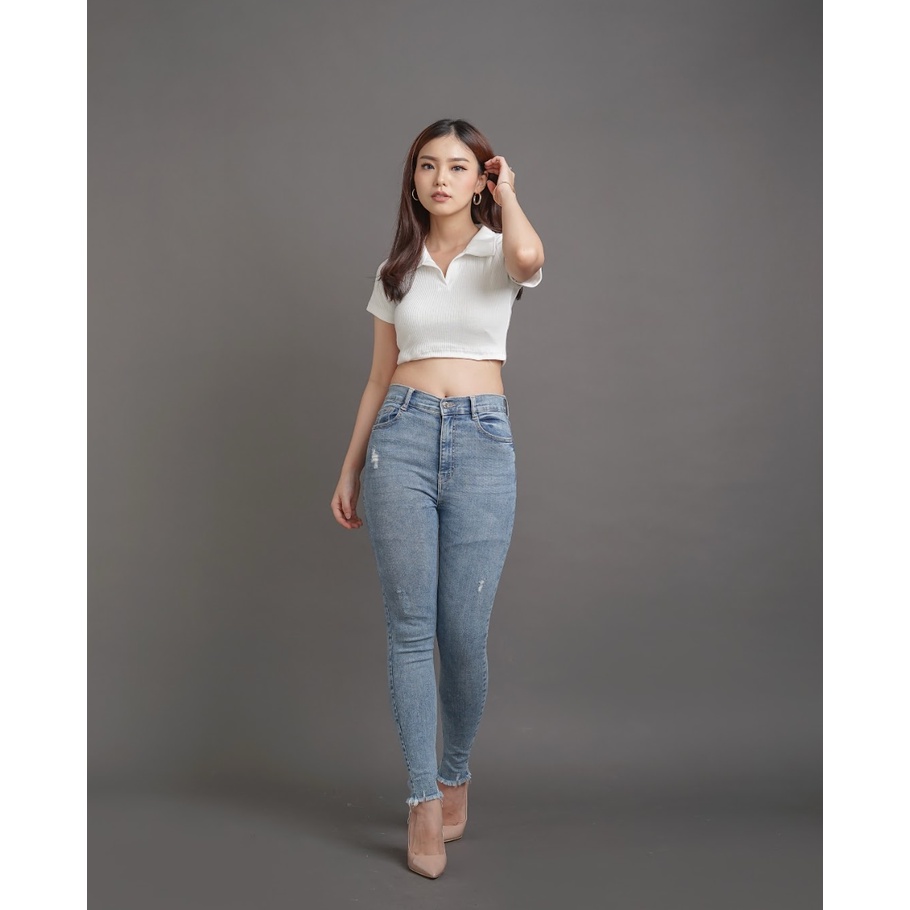 MODAVIE - LAURINE CROP TOP Korea Knit Polo Crop Tee Baju Atasan Wanita Basic Tee