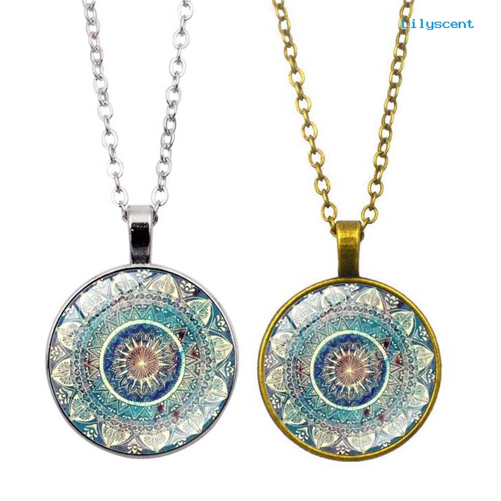 Kalung Rantai Panjang Dengan Liontin Kaca Cabochon Motif Mandala Gaya Vintage Untuk Wanita