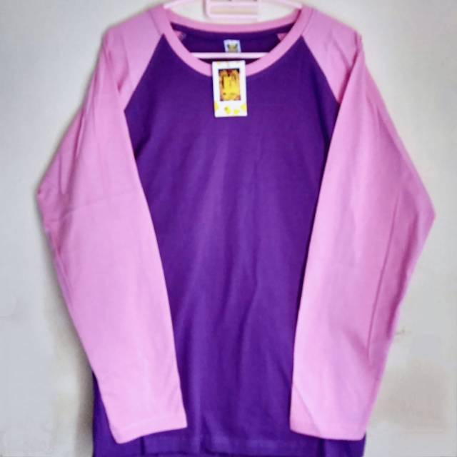 Kaos Reaglan lengan panjang Ungu lengan pink muda untuk wanita dan pria