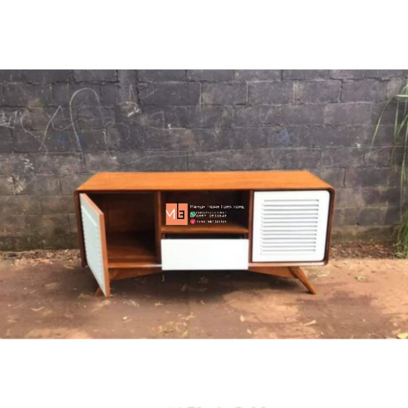 Meja TV Bufet Retro Minimalis Kayu Jati Finishing Natural kombinasi Duco Putih