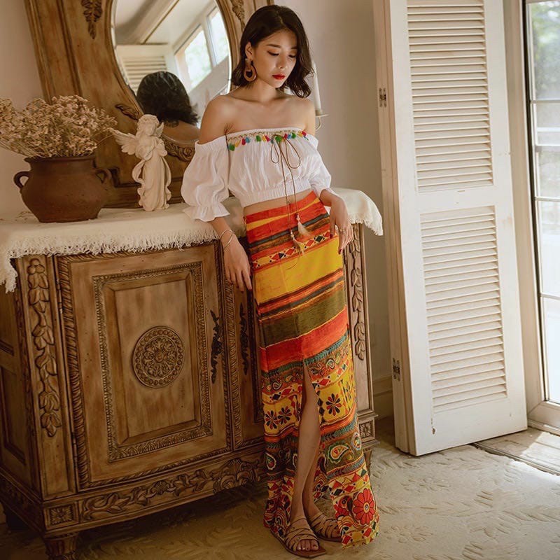 D-38002 Boho Set Shoulder Off Crop Top with Long Skirt
