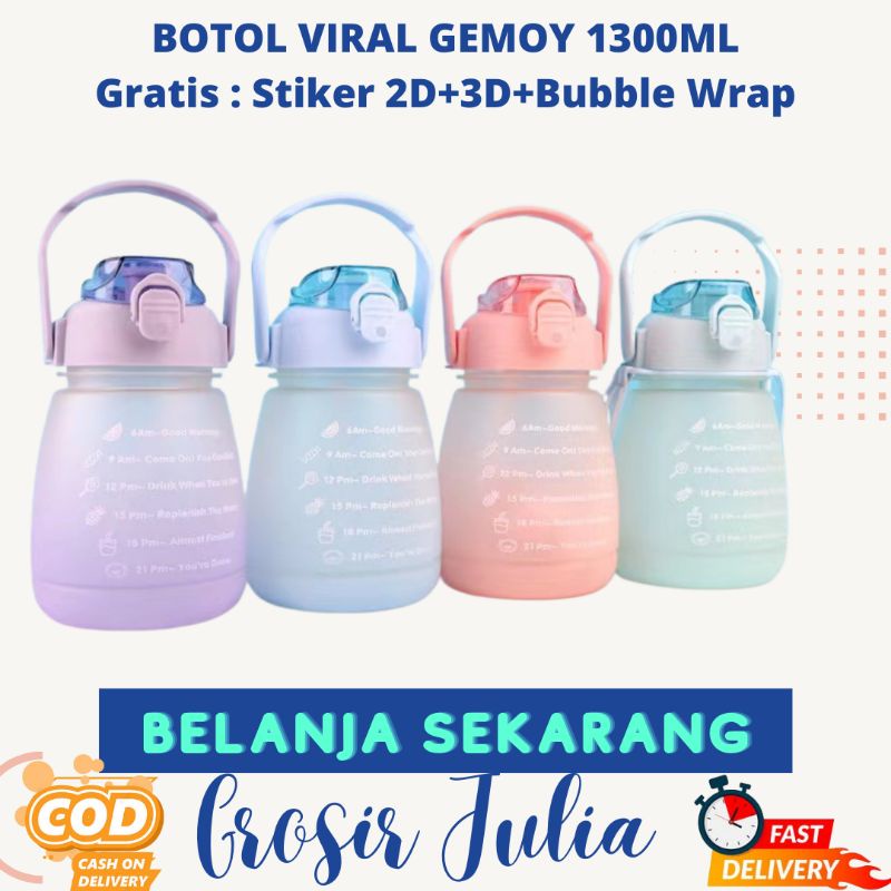 Botol Tempat Minum Viral 1300ml Gemoy Pelangi Gradasi Lucu Kekinian Korea COD