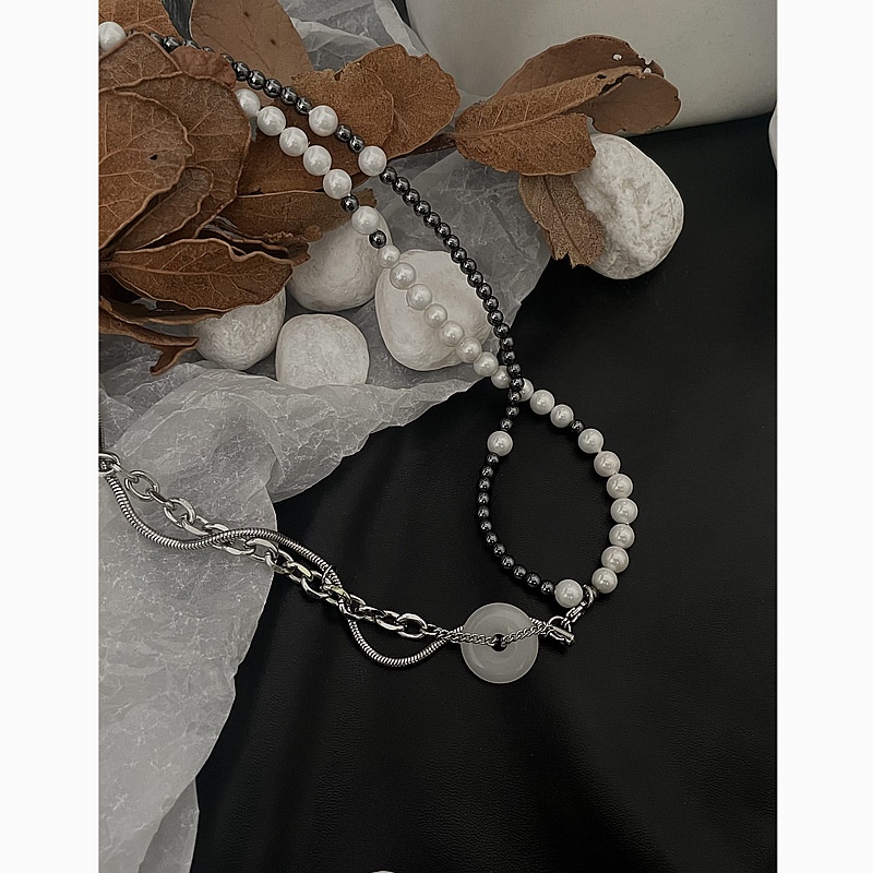 Chinese wind pearl double clavicle chain men and women neutral joker splicing art restructuring Ping An buckle necklace