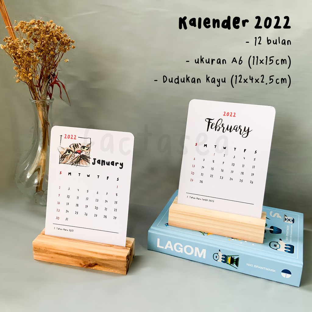 Kalender Meja 2022 + Penyangga/dudukan kayu | Kalender Aesthetic Minimalis | Kalender duduk | Kalend