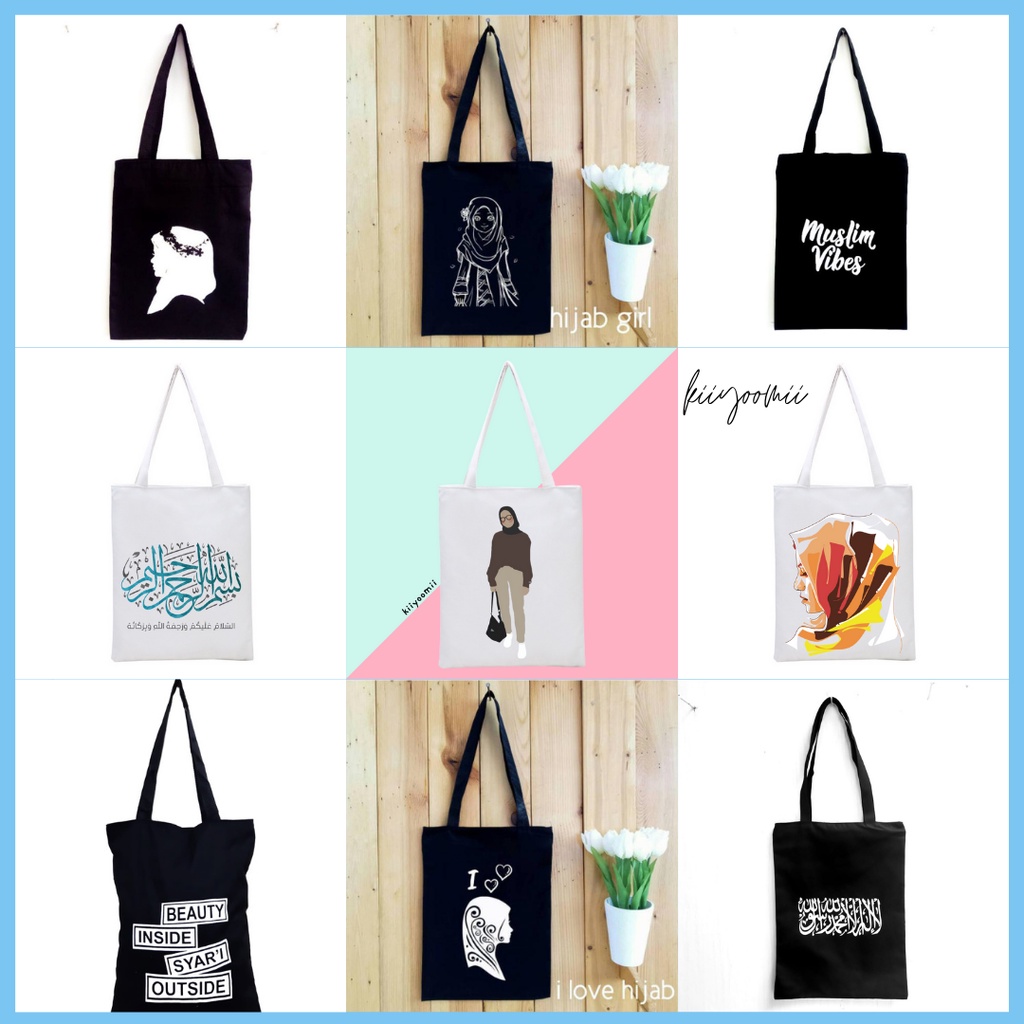 ( PART 3 ) Totebag tote bag resleting tas kain bahan Drill Islamic Quotes (bisa cod) pakai resleting || Kiiyoomii ||