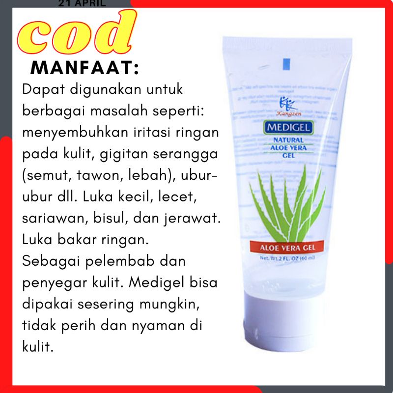 Medigel Organic Aloe Vera (Tube) Perawatan Wajah Kecantikan kulit Pria Wanita Salep Luka Bakar Cream